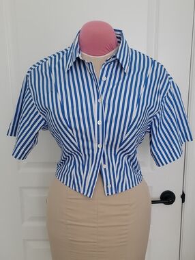FRAME DENIM Blue and White Vertical Stripe Short-Sleeve Button-Down